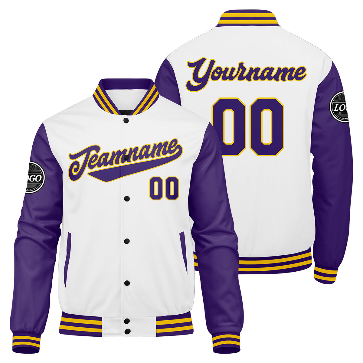Chaqueta universitaria personalizada estilo Letterman para hombres-mujeres y jóvenes-color morado-blanco y amarillo