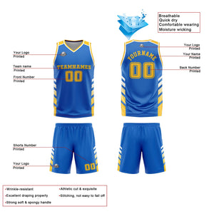 Traje de baloncesto reversible azul-blanco y amarillo personalizado para adultos y niños