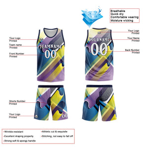 Uniforme de baloncesto personalizado azul marino y morado con tu logotipo-nombre y número impresos