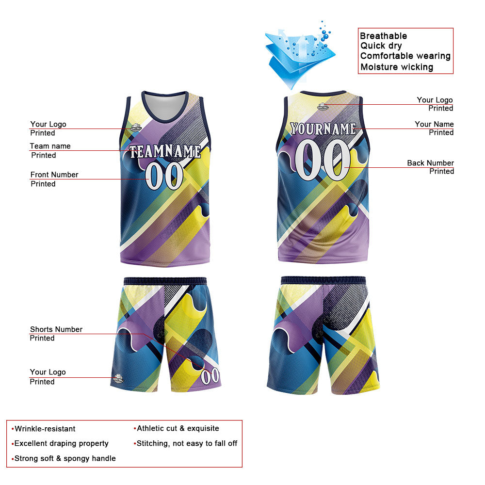 Uniforme de baloncesto personalizado azul marino y morado con tu logotipo-nombre y número impresos