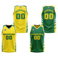 Traje de baloncesto reversible personalizado amarillo-verde y blanco para adultos y niños