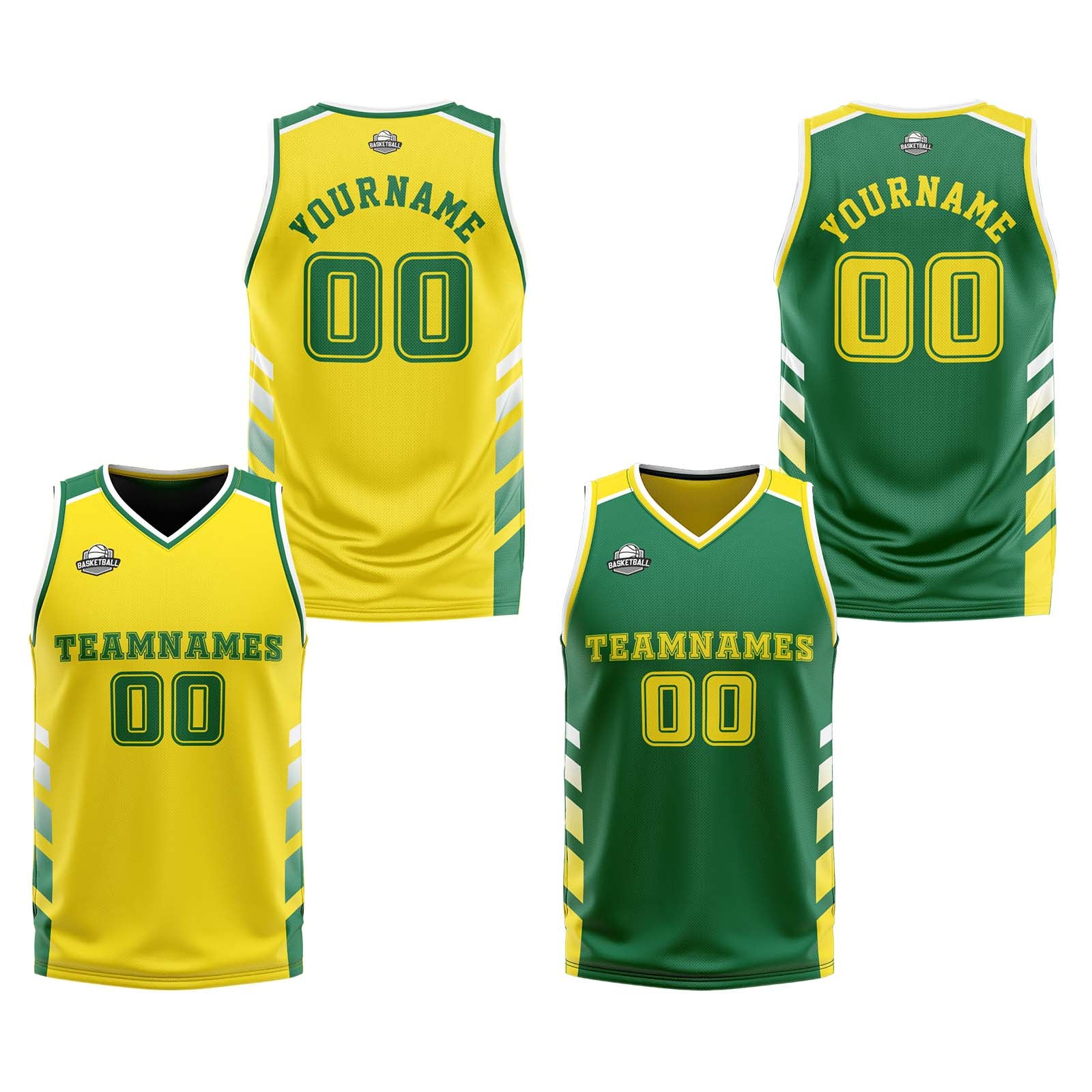 Traje de baloncesto reversible personalizado amarillo-verde y blanco para adultos y niños