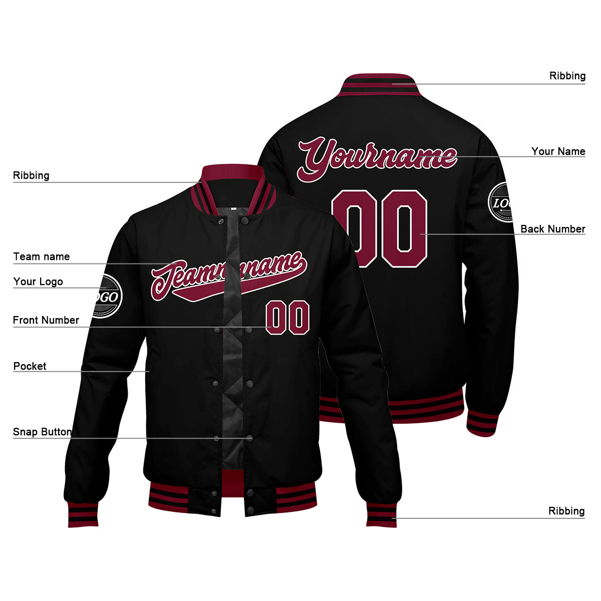 Chaqueta universitaria personalizada estilo Letterman para hombres-mujeres y jóvenes-color carmesí y negro