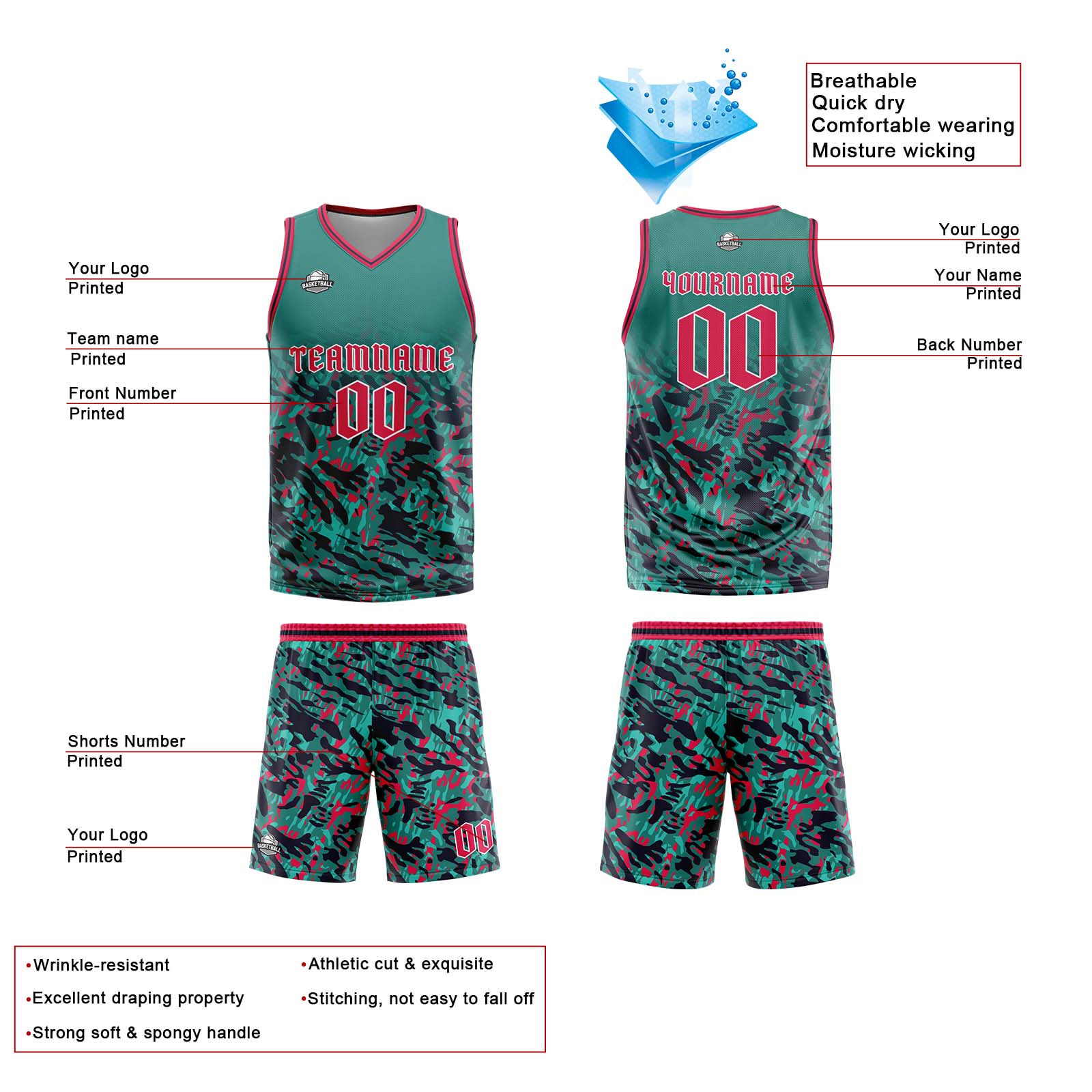 Uniforme de baloncesto personalizado verde y rojo con tu logotipo-nombre y número impresos