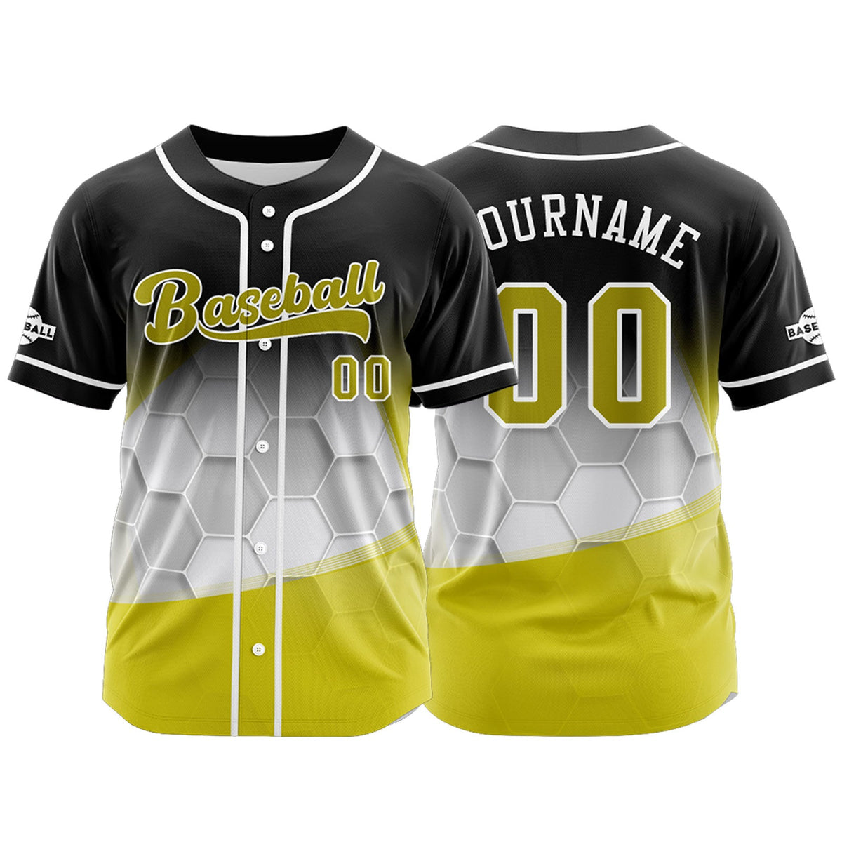 Camiseta de béisbol personalizada negra y amarilla con botones para hombre mujer adulto y joven Estampado de nombre número y logotipo