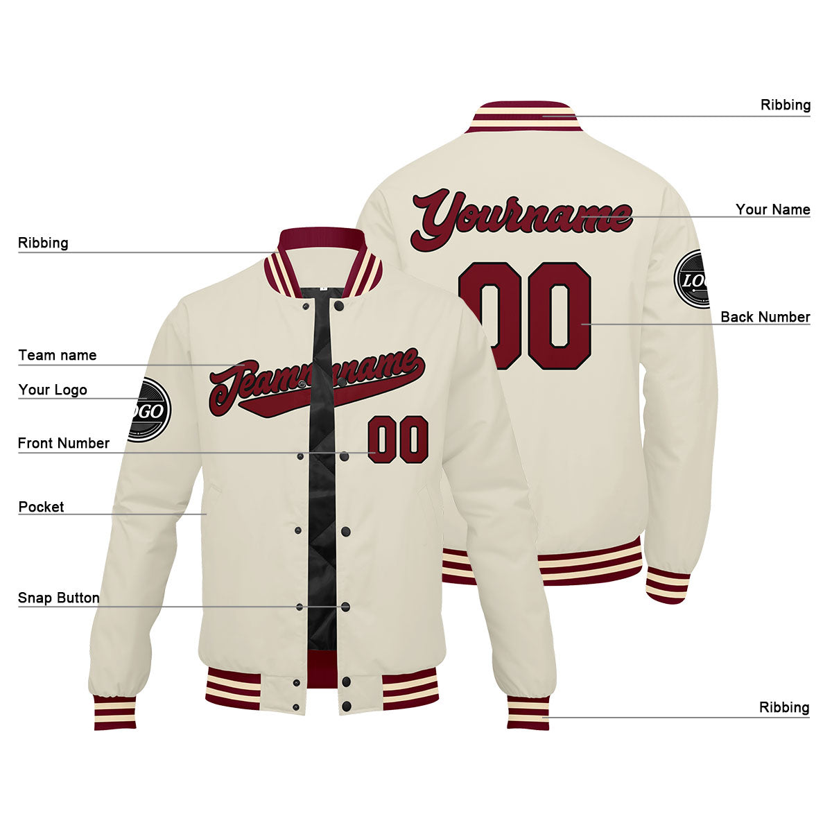 Chaqueta universitaria personalizada estilo Letterman para hombres-mujeres y jóvenes-color crema carmesí