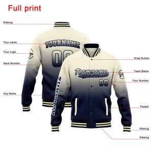 Chaqueta universitaria personalizada estilo Letterman para hombres-mujeres y jóvenes-color crema con degradado azul marino