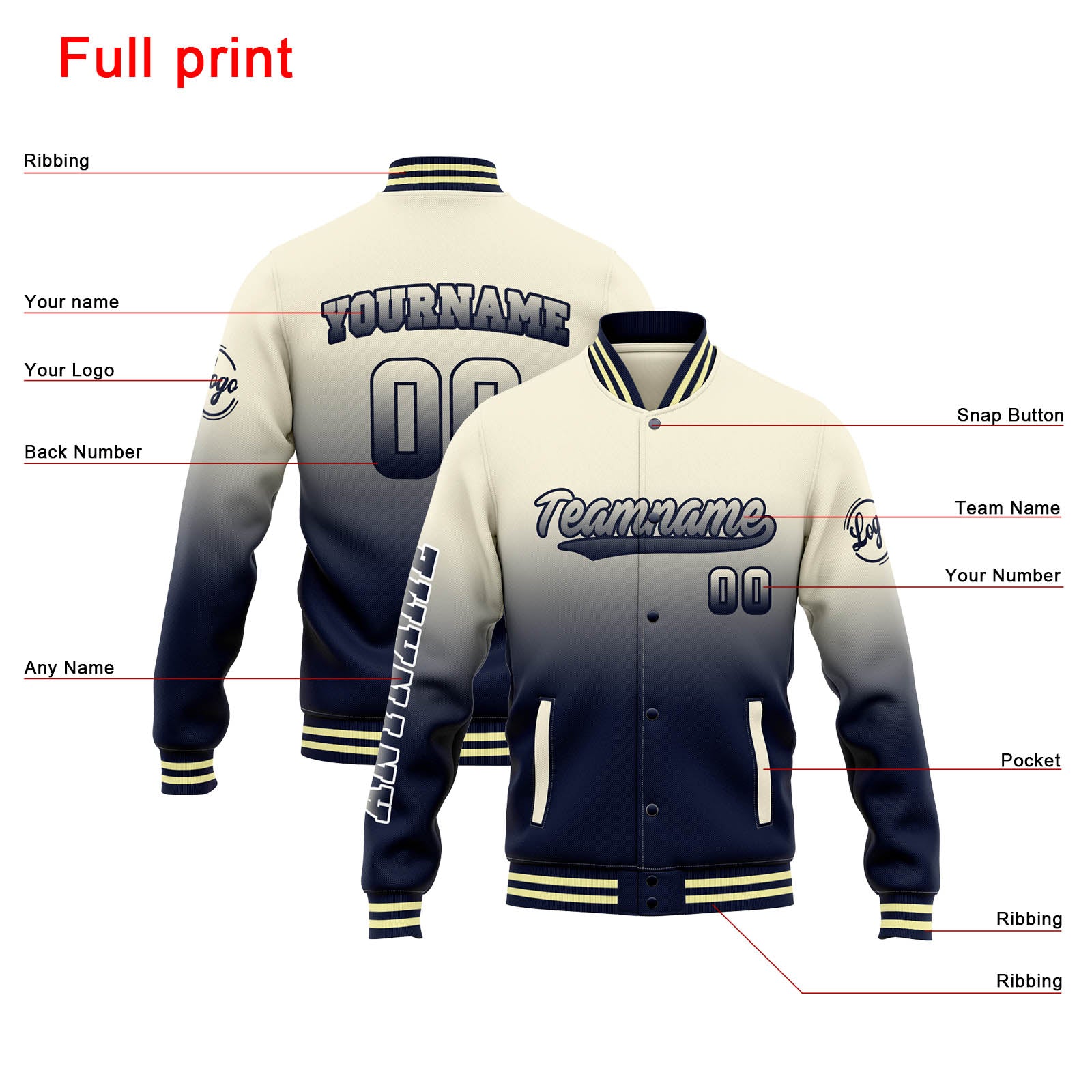 Chaqueta universitaria personalizada estilo Letterman para hombres-mujeres y jóvenes-color crema con degradado azul marino