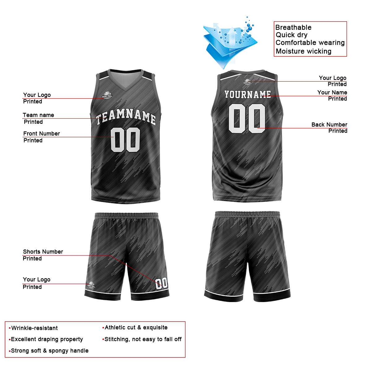 Uniforme de baloncesto gris tipo rayas personalizado con su logotipo-nombre y número impresos