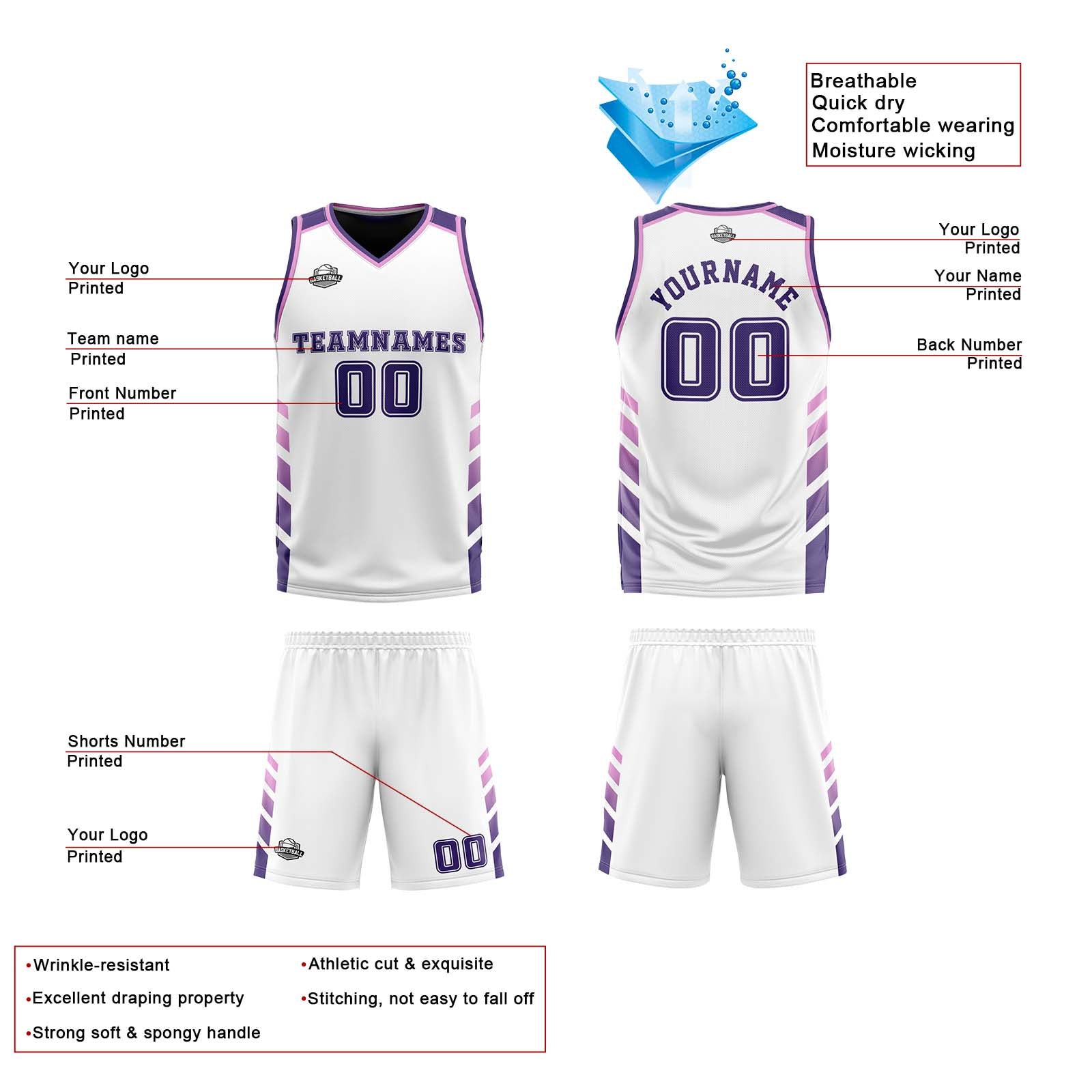 Traje de baloncesto reversible personalizado blanco-morado y rosa para adultos y niños