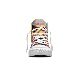 Dinosaurios con lunares: realza tu estilo con zapatillas de lona de caña alta -Moda unisex con divertidos estampados de dinosaurios en una cautivadora mezcla de color y fantasía de lunares