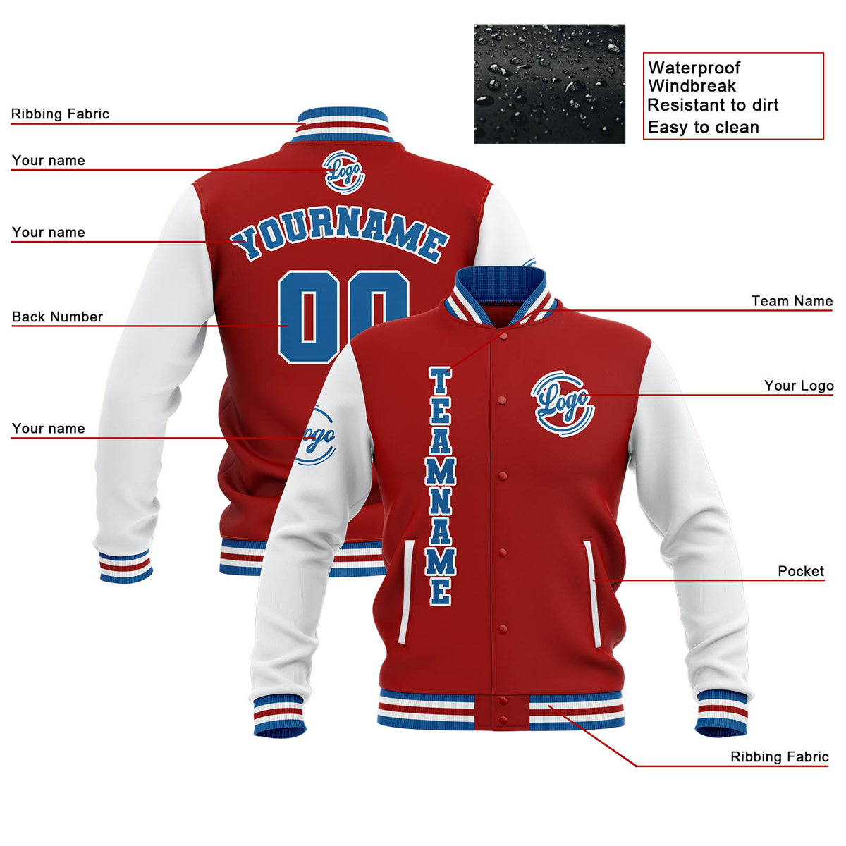 Chaquetas universitarias impermeables personalizadas en rojo-blanco y azul con nombre-número y logotipo bordados
