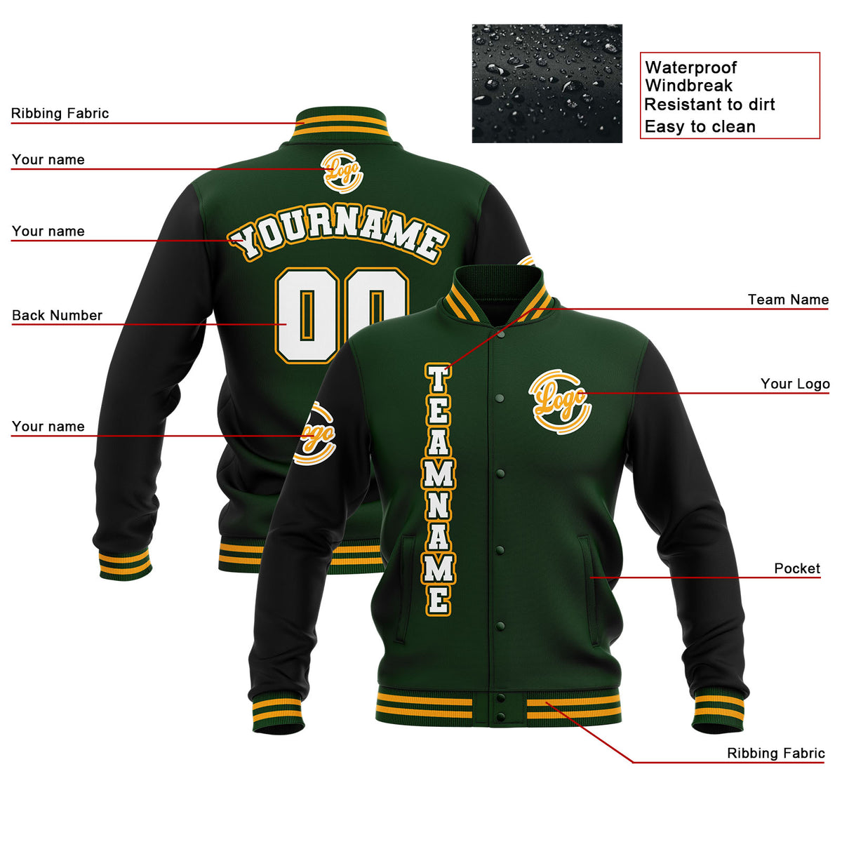 Chaquetas universitarias impermeables personalizadas en negro-verde oscuro y amarillo con nombre-número y logotipo bordados a medida