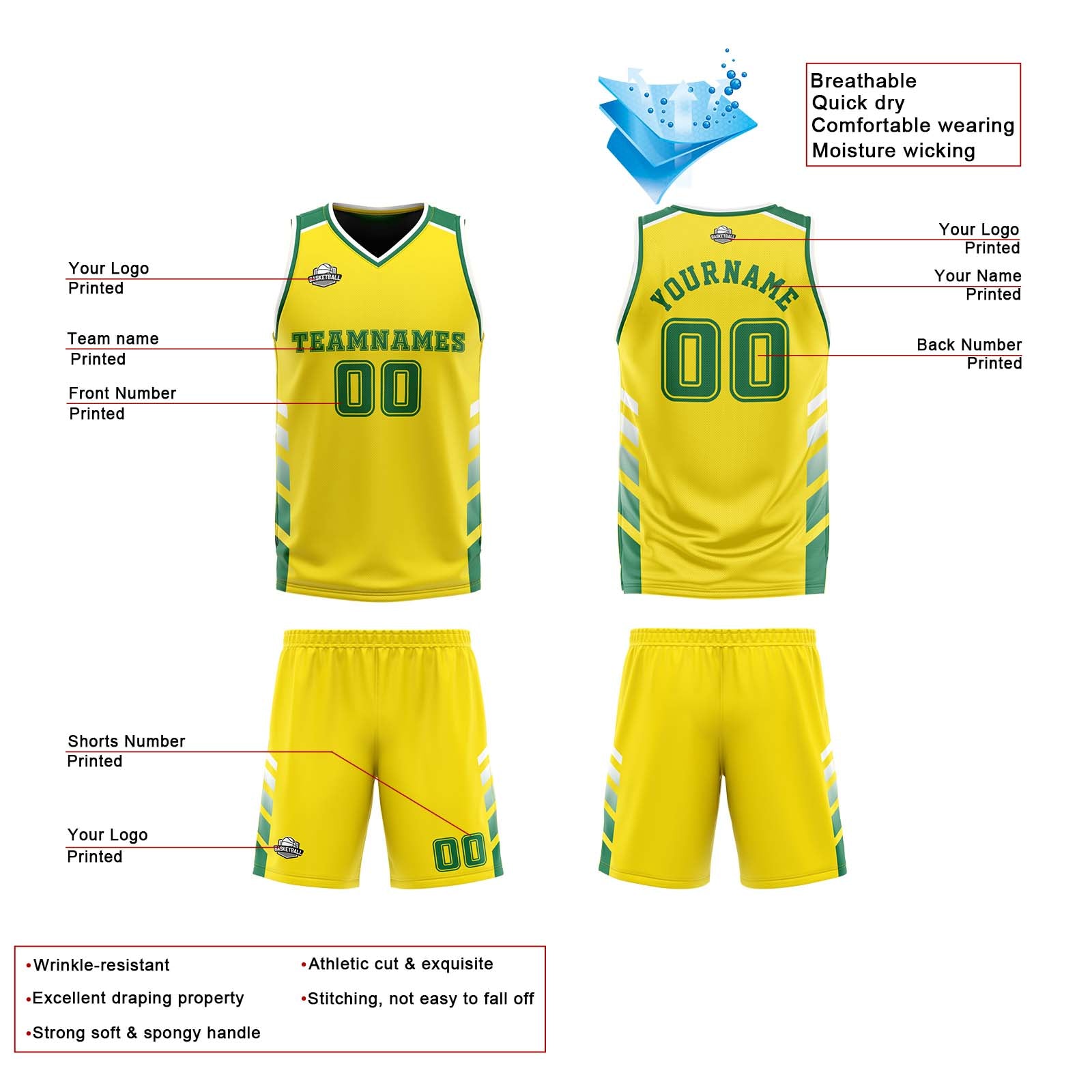 Traje de baloncesto reversible personalizado amarillo-verde y blanco para adultos y niños