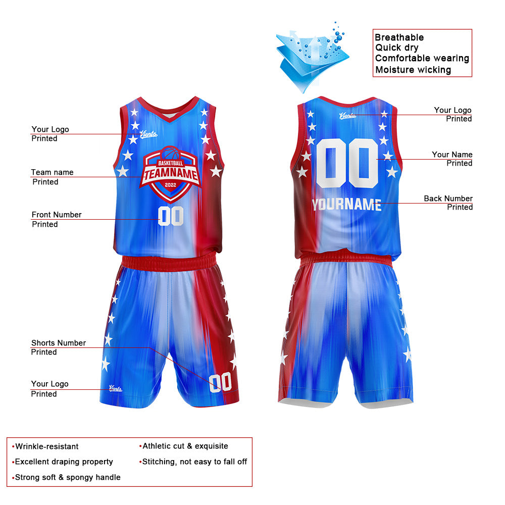 Uniforme de baloncesto personalizado azul arcoíris y rojo con tu logotipo-nombre y número impresos