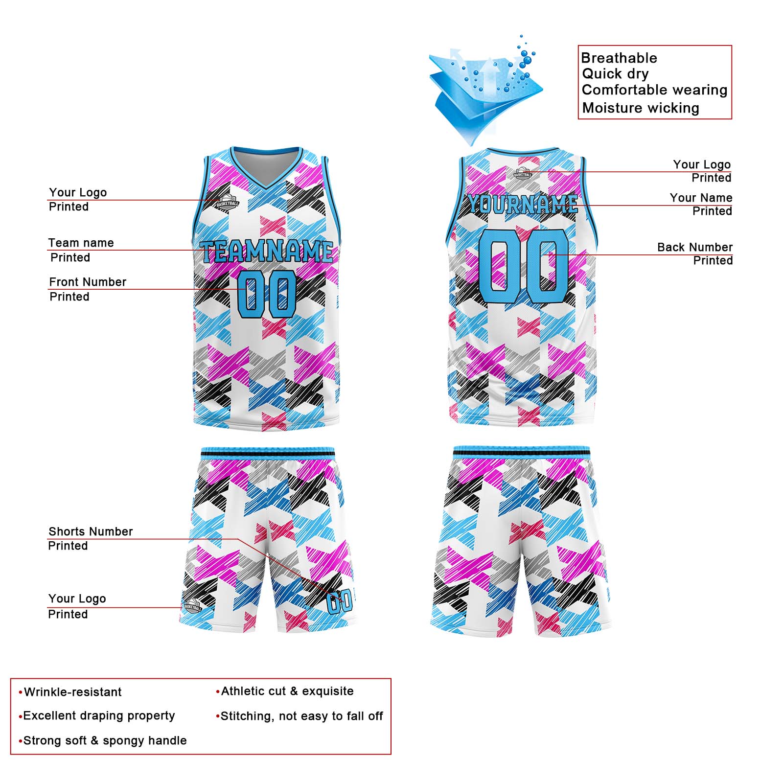 Uniforme de baloncesto azul claro personalizado con tu logotipo-nombre y número impresos