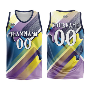 Uniforme de baloncesto personalizado azul marino y morado con tu logotipo-nombre y número impresos