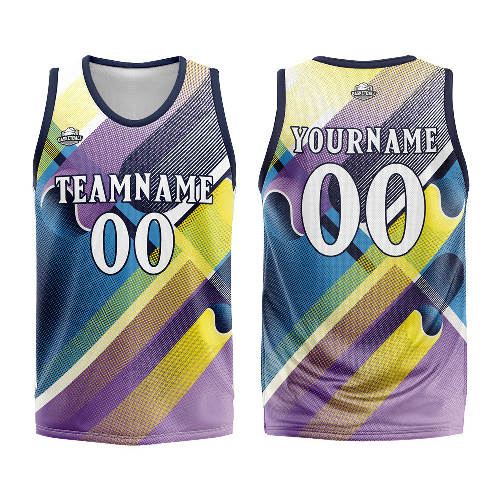 Uniforme de baloncesto personalizado azul marino y morado con tu logotipo-nombre y número impresos
