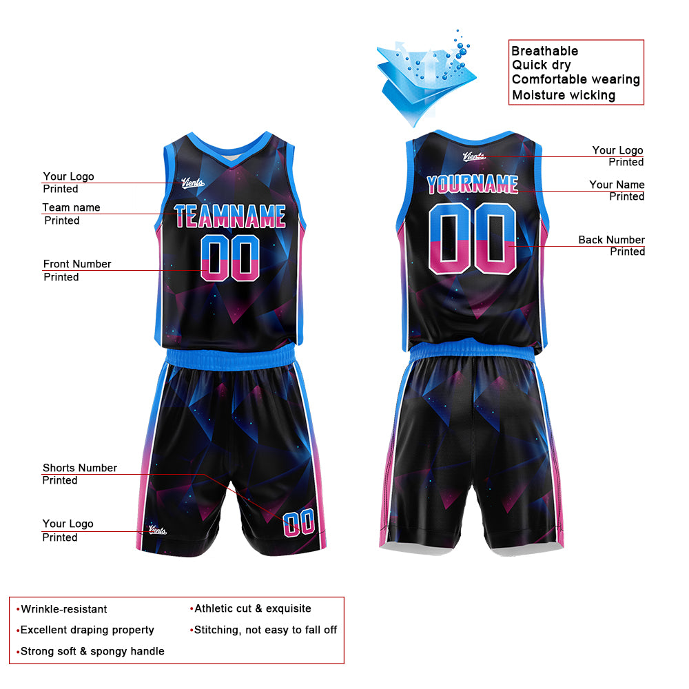 Uniforme de baloncesto personalizado en negro-azul y rosa con tu logotipo-nombre y número impresos