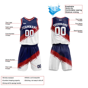 Uniforme de baloncesto personalizado azul marino-rojo y blanco con tu logotipo-nombre y número impresos