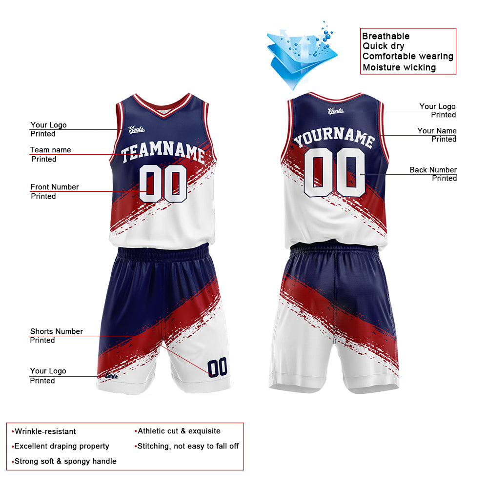 Uniforme de baloncesto personalizado azul marino-rojo y blanco con tu logotipo-nombre y número impresos