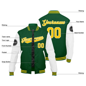 Chaqueta universitaria personalizada estilo Letterman para hombres-mujeres y jóvenes en colores verde-amarillo y blanco