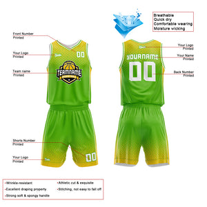 Uniforme de baloncesto personalizado verde y amarillo con tu logotipo-nombre y número impresos