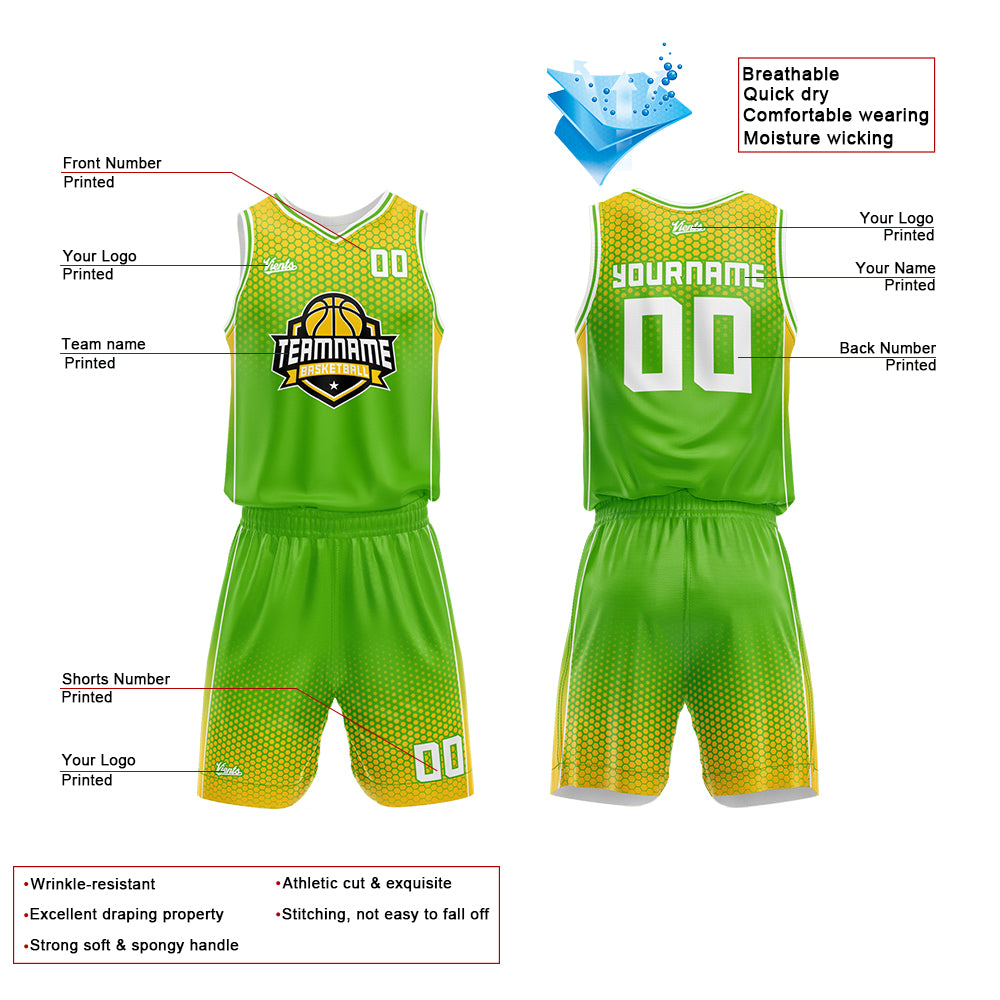 Uniforme de baloncesto personalizado verde y amarillo con tu logotipo-nombre y número impresos