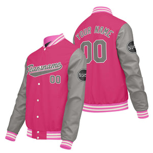 Chaquetas universitarias personalizadas en gris claro y rosa para hombres & mujeres y jóvenes & Chaquetas Letterman personalizadas