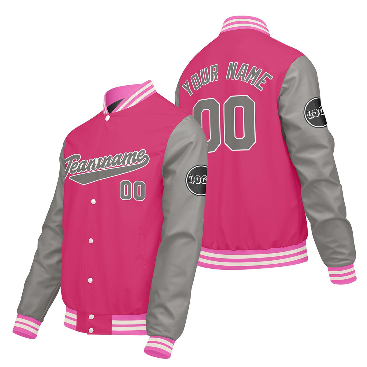 Chaquetas universitarias personalizadas en gris claro y rosa para hombres & mujeres y jóvenes & Chaquetas Letterman personalizadas