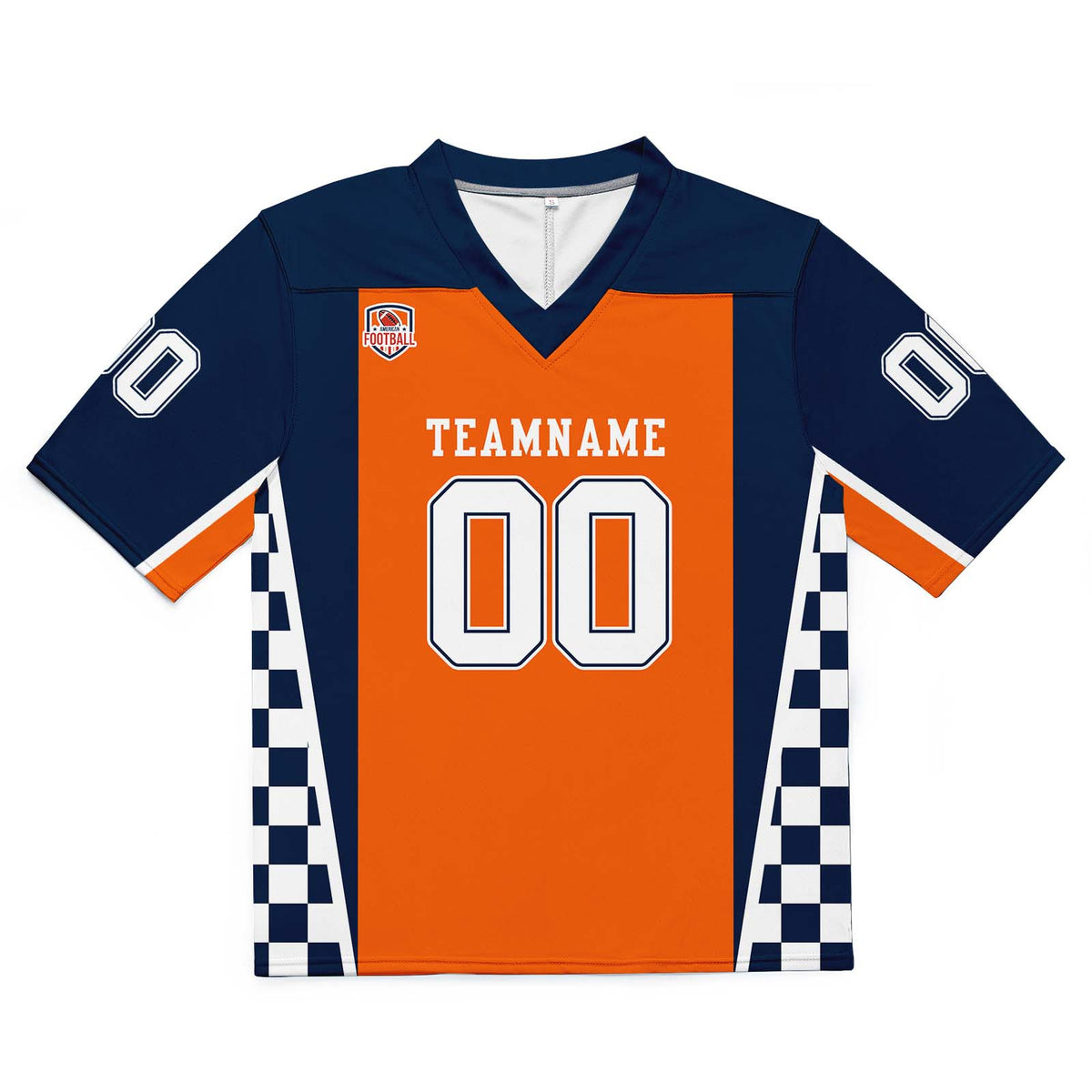Camiseta de fútbol personalizada con nombre y número del equipo bordados-color azul marino y naranja