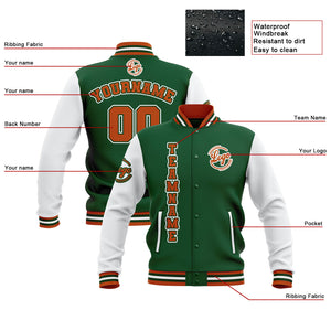 Chaquetas universitarias impermeables personalizadas en verde-blanco y naranja con nombre-número y logotipo bordados