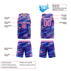 Uniforme de baloncesto personalizado rosa y morado con tu logotipo-nombre y número impresos