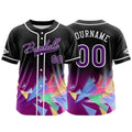 Camiseta de béisbol personalizada negra y morada con botones para hombre mujer adulto y joven con nombre número y logotipo impresos