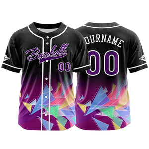 Camiseta de béisbol personalizada negra y morada con botones para hombre mujer adulto y joven con nombre número y logotipo impresos