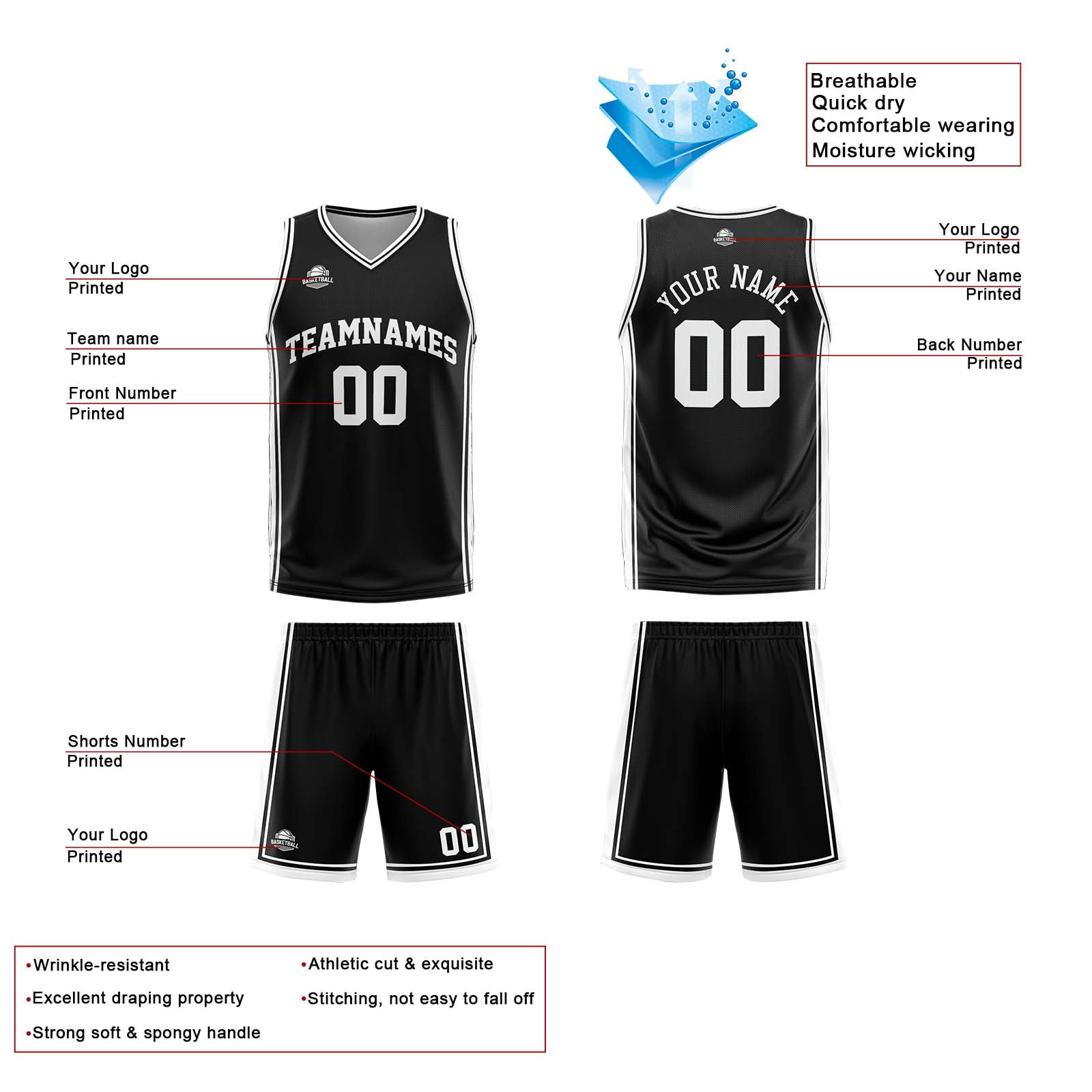 Traje de baloncesto reversible blanco y negro personalizado para adultos y niños