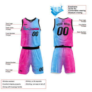 Uniforme de baloncesto personalizado rosa fucsia y azul claro con tu logotipo-nombre y número impresos