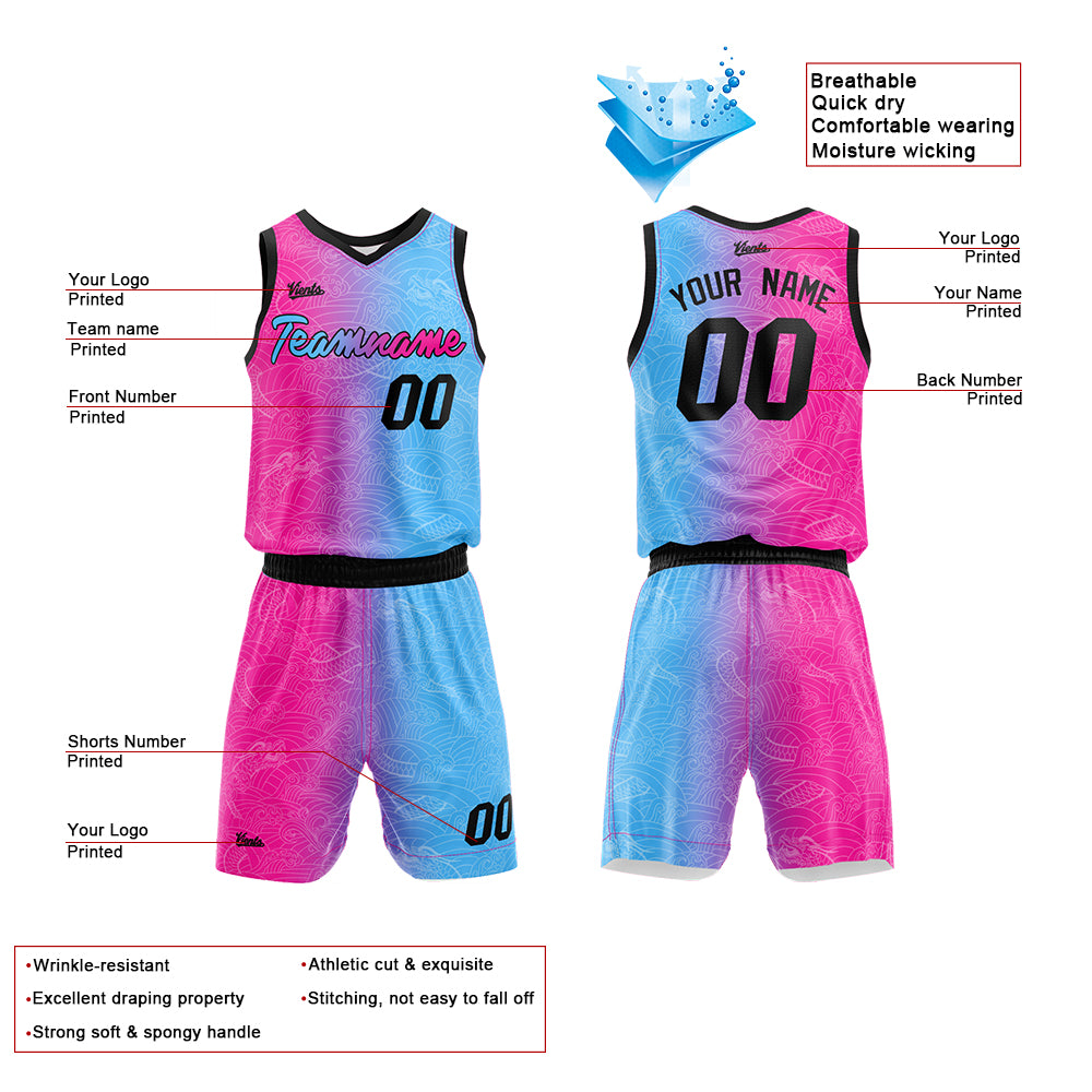 Uniforme de baloncesto personalizado rosa fucsia y azul claro con tu logotipo-nombre y número impresos