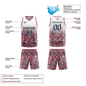 Uniforme de baloncesto personalizado en blanco-rosa y azul marino con tu logotipo-nombre y número impresos