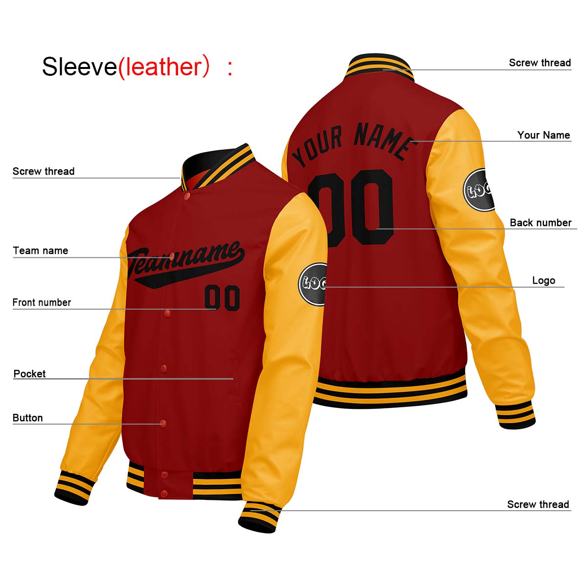 Chaquetas universitarias rojas y amarillas personalizadas para hombres & mujeres y jóvenes & Chaquetas tipo Letterman personalizadas