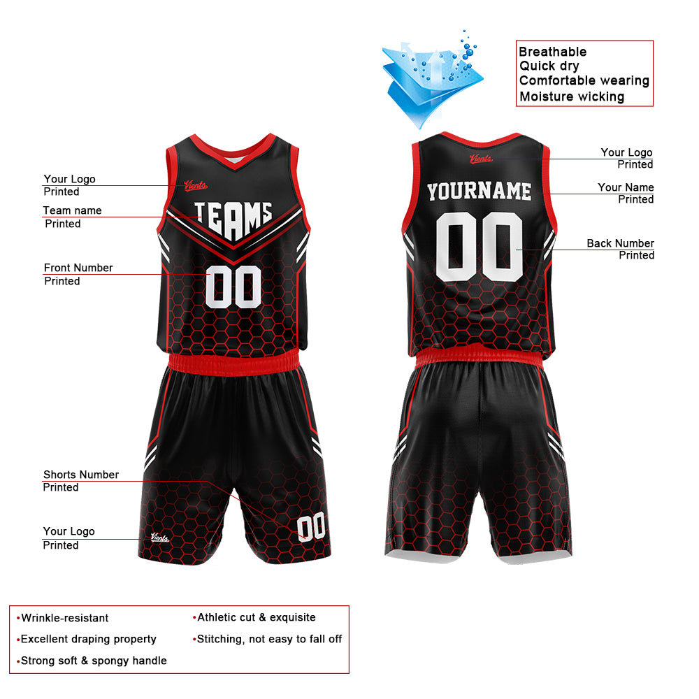 Uniforme de baloncesto personalizado en negro y rojo con tu logotipo-nombre y número impresos