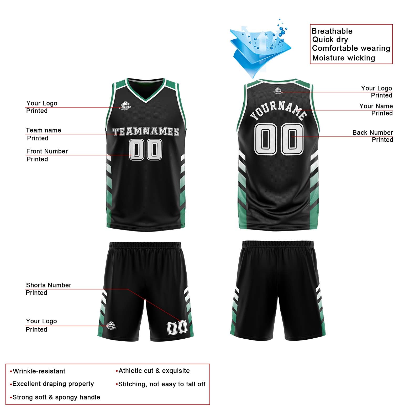 Traje de baloncesto reversible negro-verde y blanco personalizado para adultos y niños