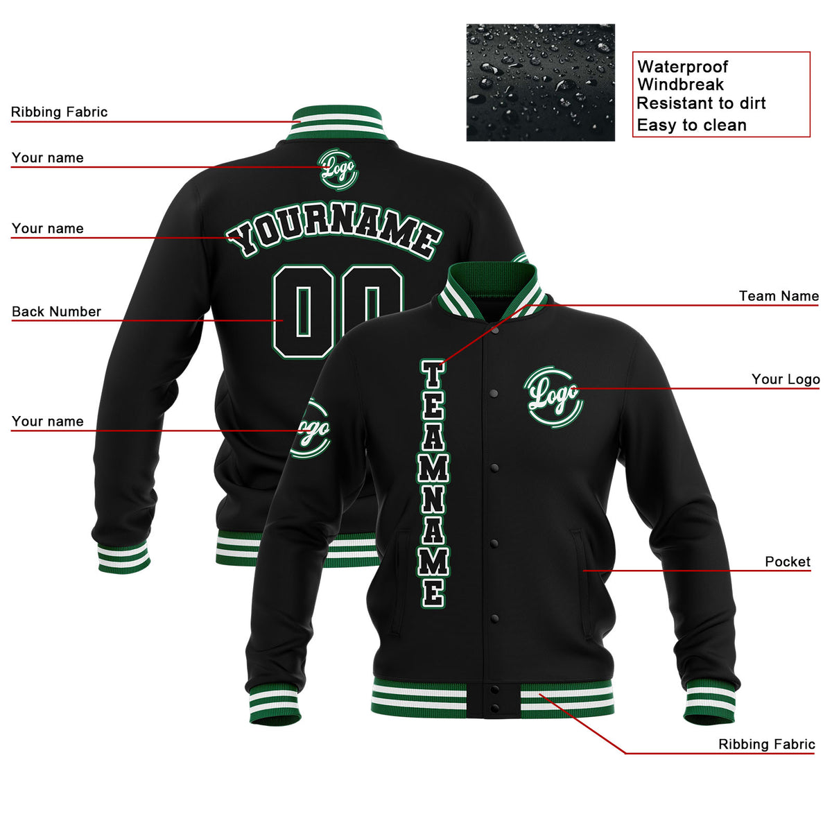 Chaquetas universitarias impermeables personalizadas en negro-blanco y verde con nombre-número y logotipo bordados a medida