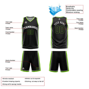 Traje de baloncesto reversible personalizado en negro-blanco y verde neón para adultos y niños