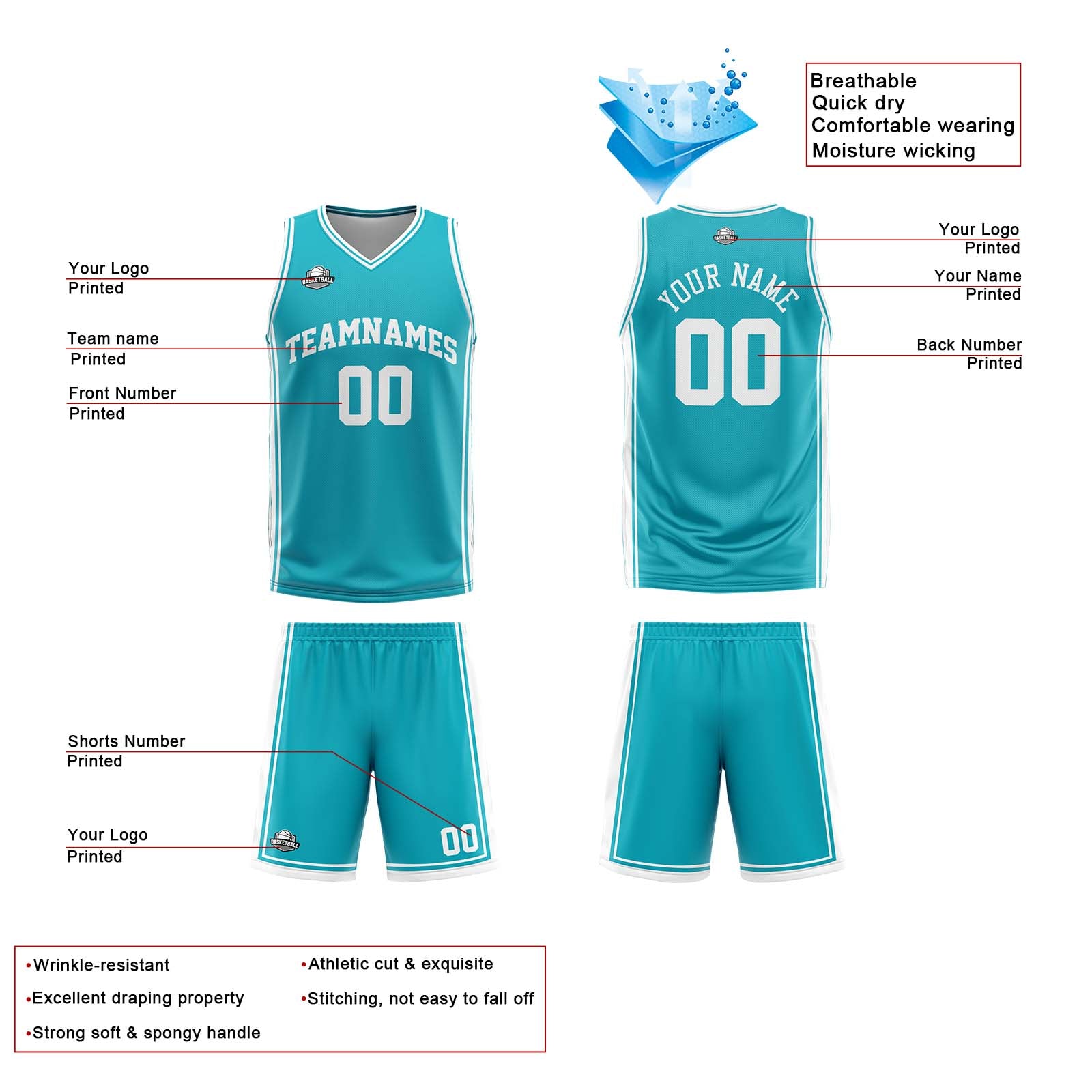 Traje de baloncesto reversible personalizado en cian y blanco para adultos y niños