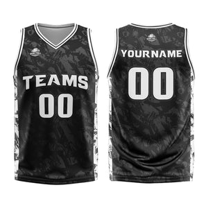 Uniforme de baloncesto personalizado negro y gris roto con tu logotipo-nombre y número impresos
