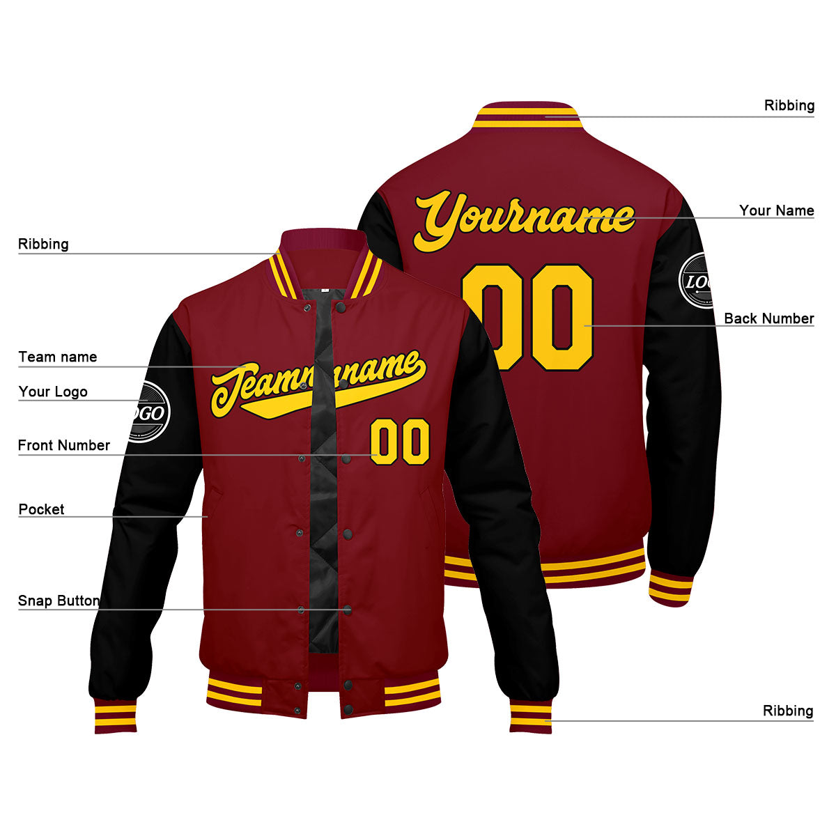 Chaqueta universitaria personalizada estilo Letterman para hombres-mujeres y jóvenes-color carmesí-negro y amarillo