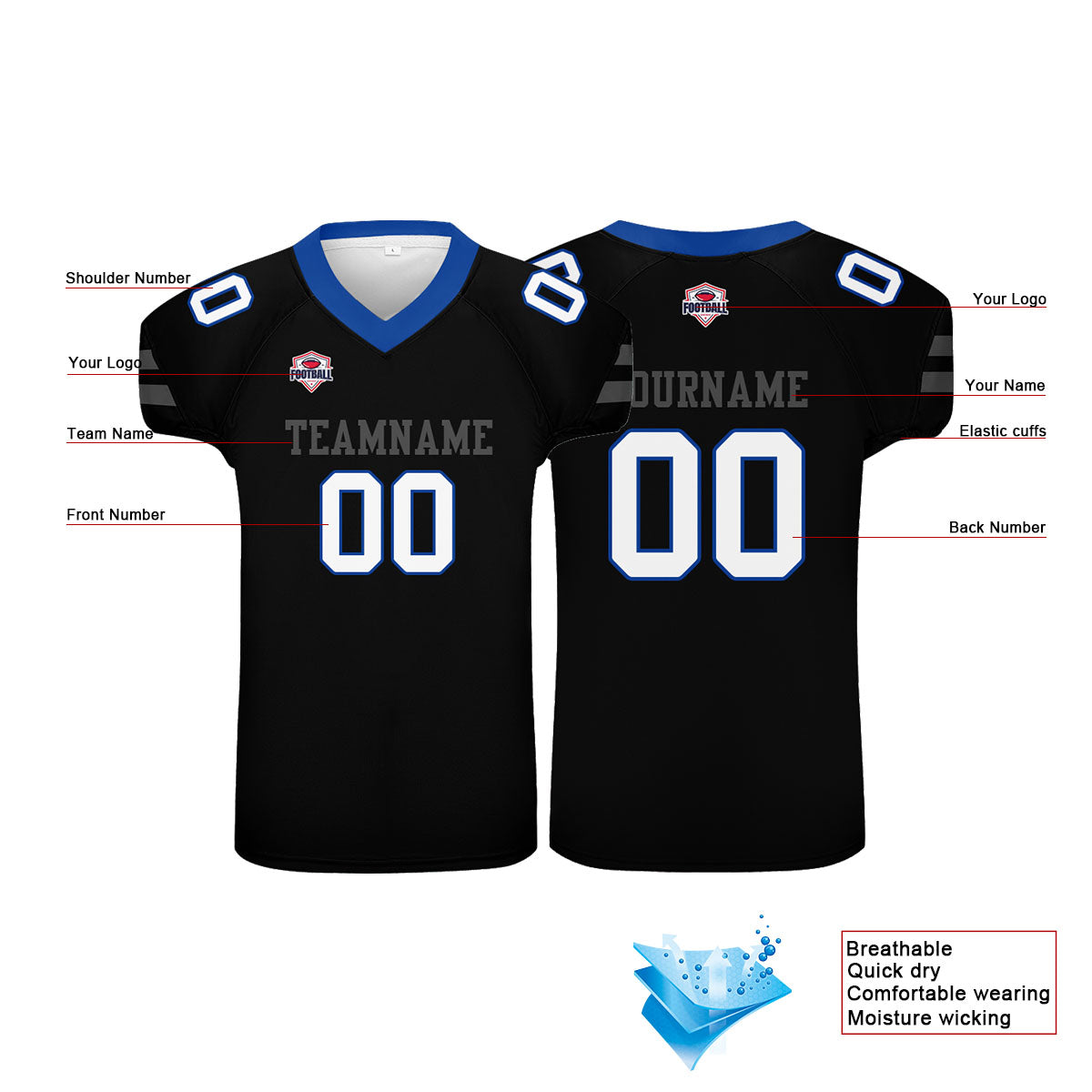 Camiseta de fútbol personalizada con nombre y número del equipo impresos en color negro