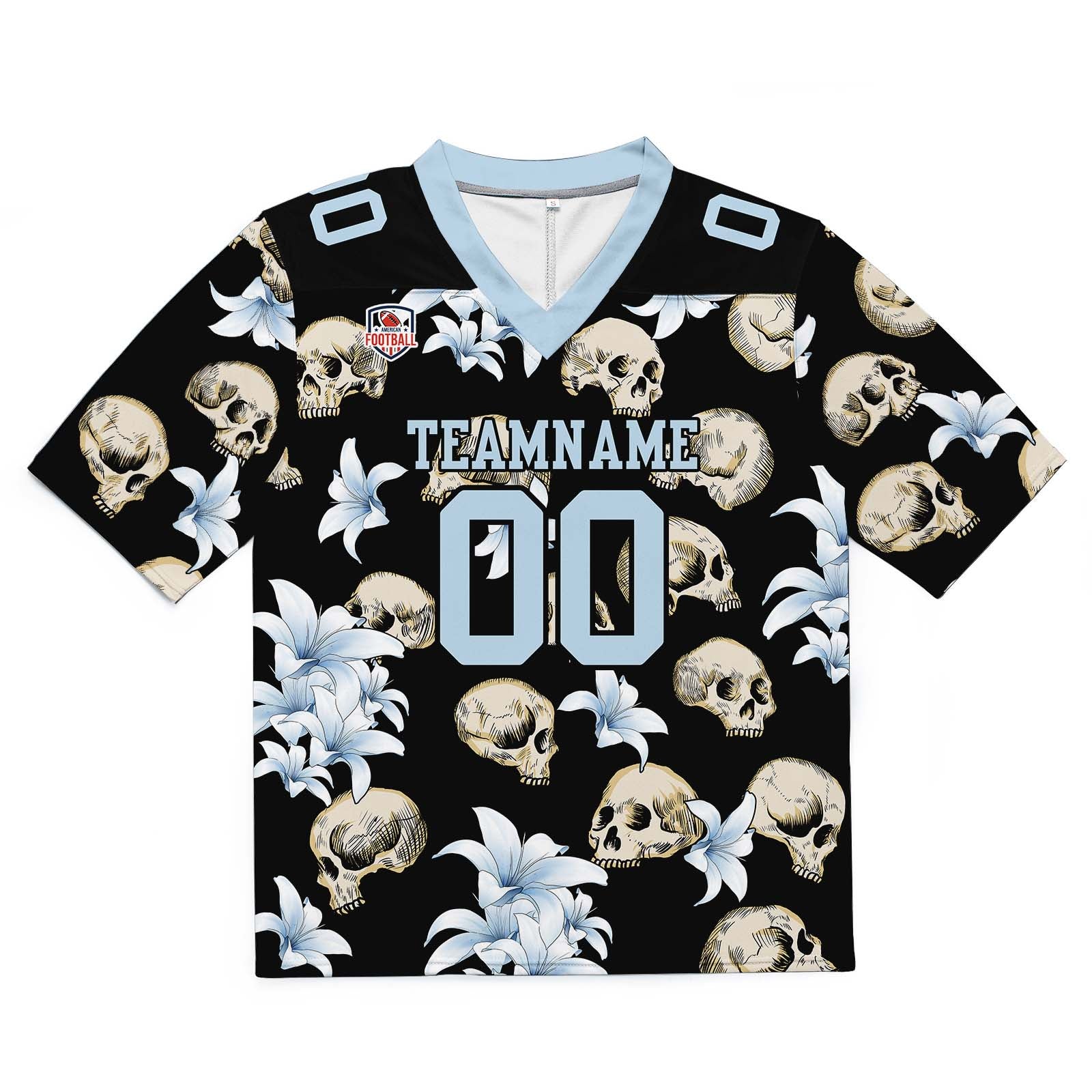 Camiseta de fútbol personalizada con nombre y número del equipo bordados y estampados en forma de calavera -Azul claro