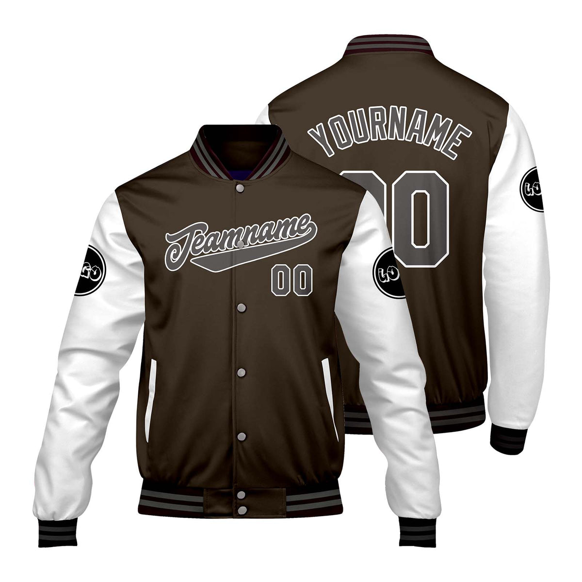 Chaquetas universitarias personalizadas en color marrón y blanco para hombres & mujeres y jóvenes & Chaquetas Letterman personalizadas